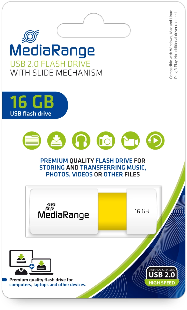 MediaRange USB-Speicherstick gelb 16GB | mit Schiebemechanismus