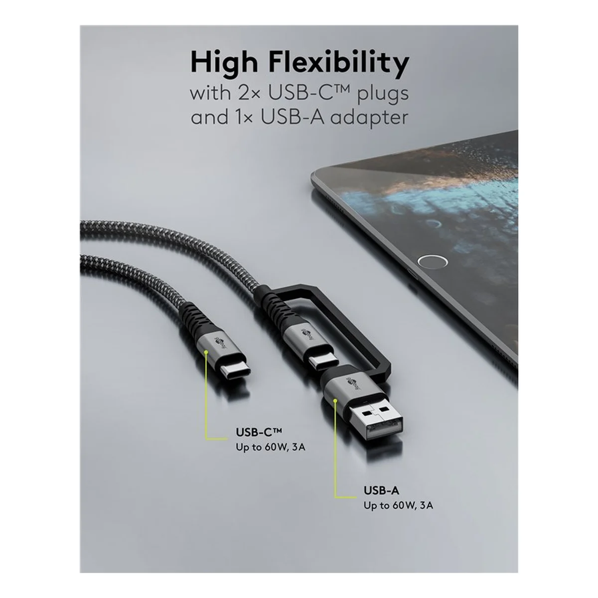 2in1 USB-Textilkabel, spacegrau/silber, 2 m