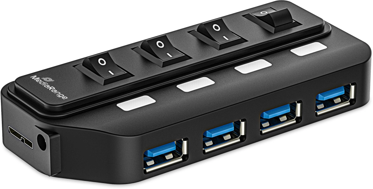 MediaRange USB 3.0 Hub 1:4 mit seperaten Ein-/Aus-Schaltern und Netzteil