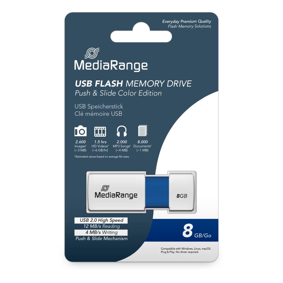 MediaRange USB-Speicherstick blau 8GB | mit Schiebemechanismus
