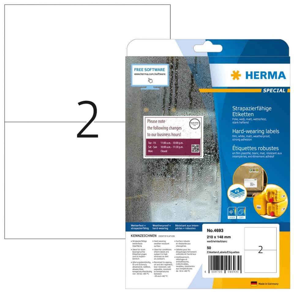 HERMA Folienetiketten - 210 x 148mm, weiß, extrem stark haftend, matt, 50 Stück