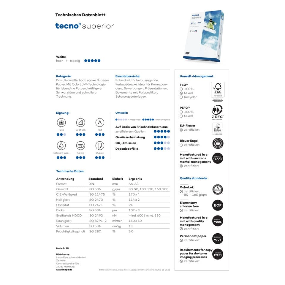 Kopierpapier tecno® superior - A4, 80 g/qm, weiß, 500 Blatt