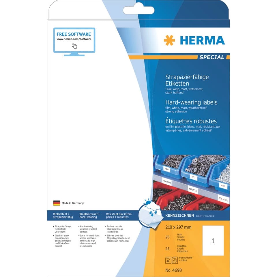 HERMA Folienetiketten - 210 x 297 mm, weiß, strapazierfähig, extrem stark haftend, matt, 25 Stück