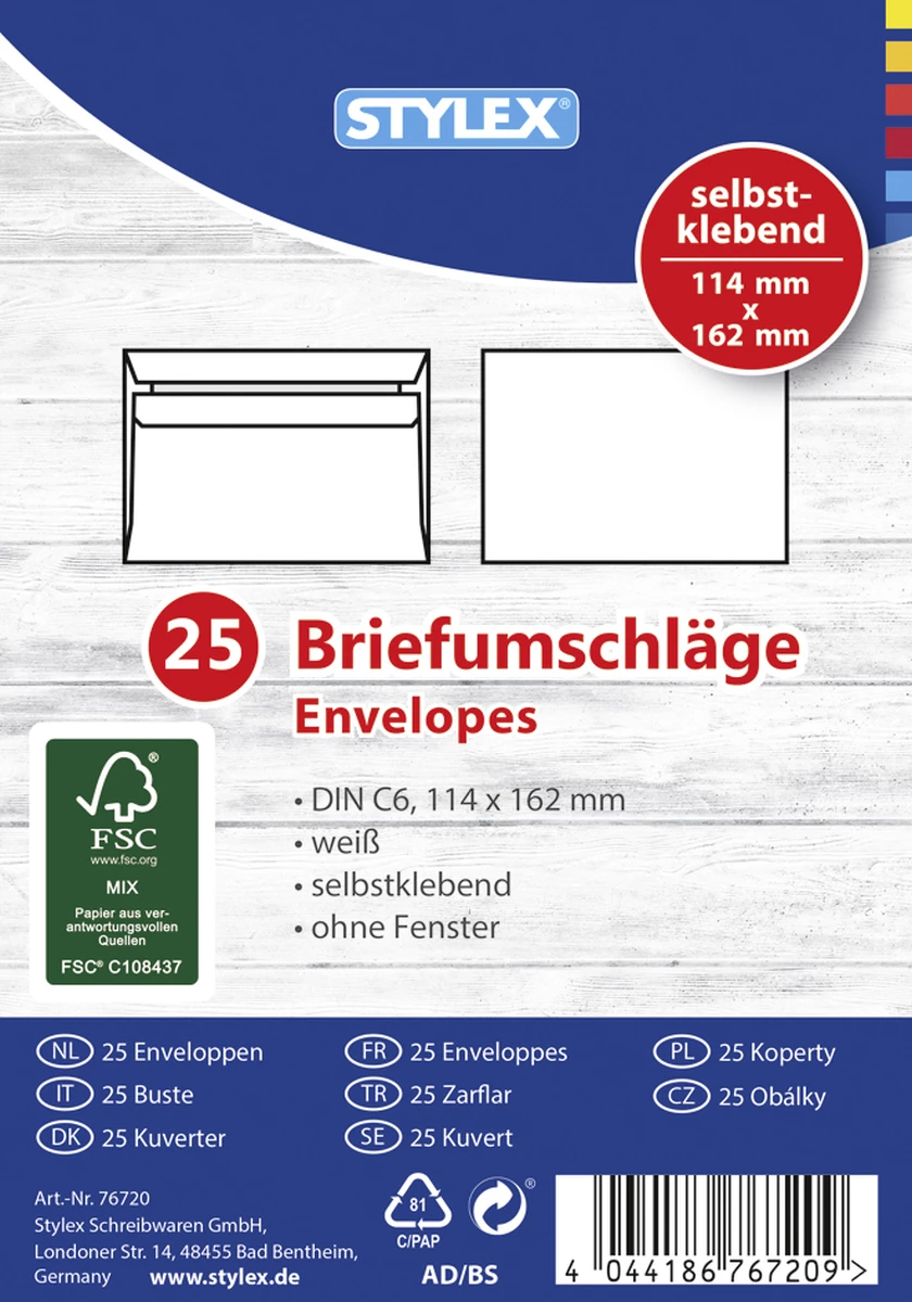 Stylex Briefumschläge DIN C6 selbstklebend ohne Fenster 25 Stück