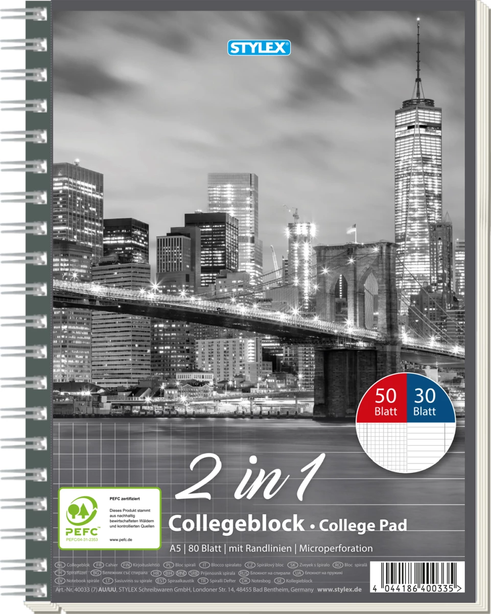 Stylex Collegeblock, DIN A5, Duo, 30 Blatt liniert / 50 Blatt kariert