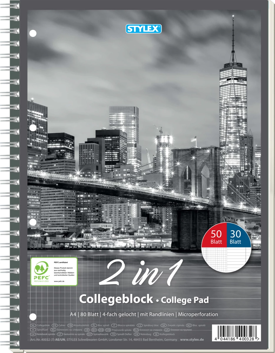 Stylex Collegeblock, DIN A4, Duo, 30 Blatt liniert / 50 Blatt kariert