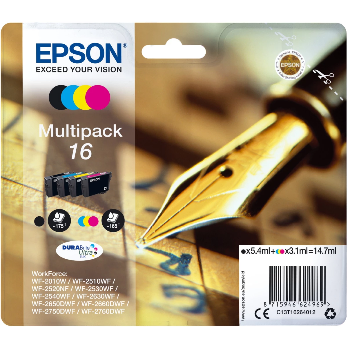 Druckerpatronen MultiPack Epson 16 schwarz cyan magenta gelb 14,7 ml | 175 Seiten + 3x 165 Seiten (C13T16264010)