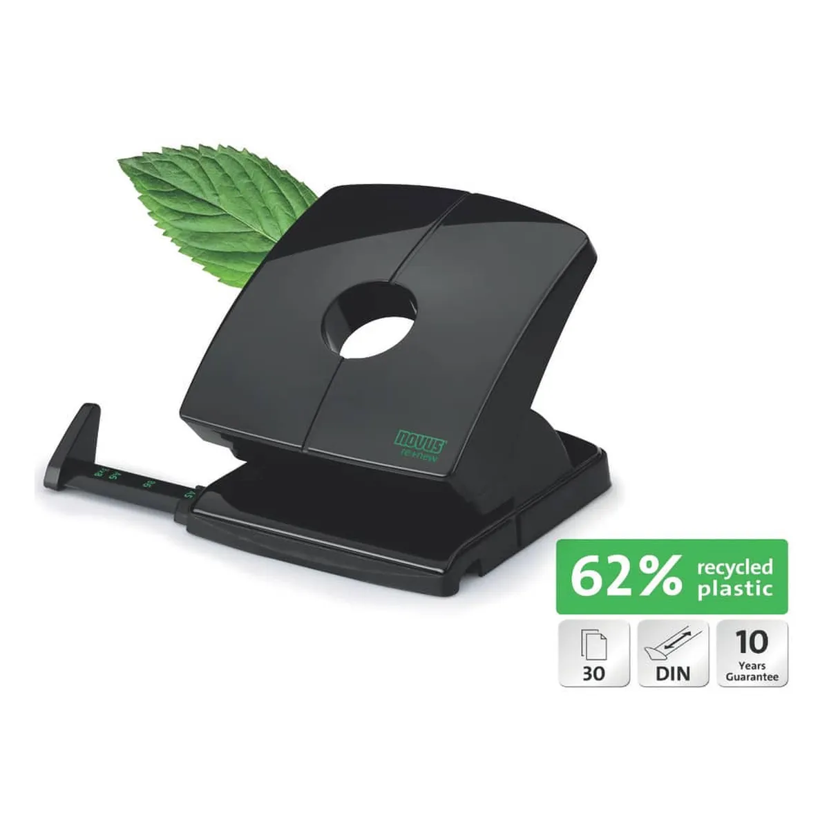 Novus Locher B230 re+new - 30 Blatt, 4-fach Lochung möglich, Anschlagschiene, schwarz