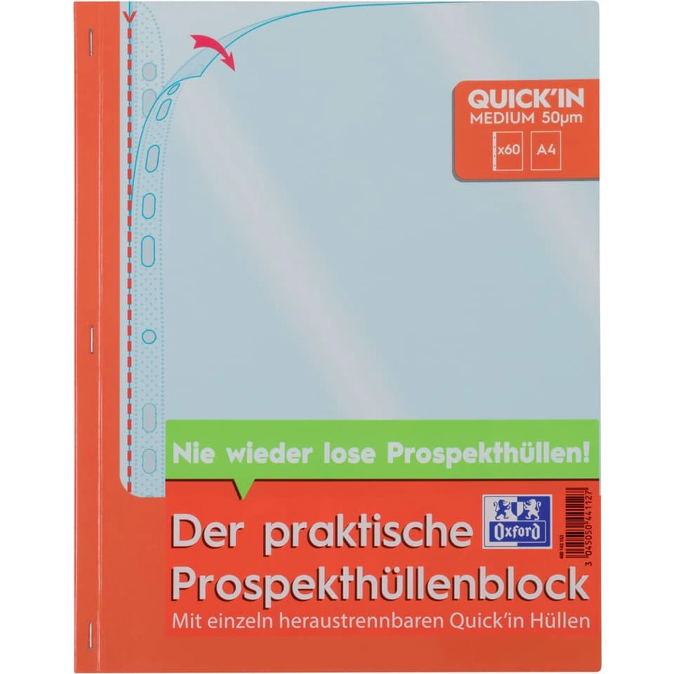Prospekthüllenblock Quick'in - glasklar, 0,05 mm, A4, 60 Stück