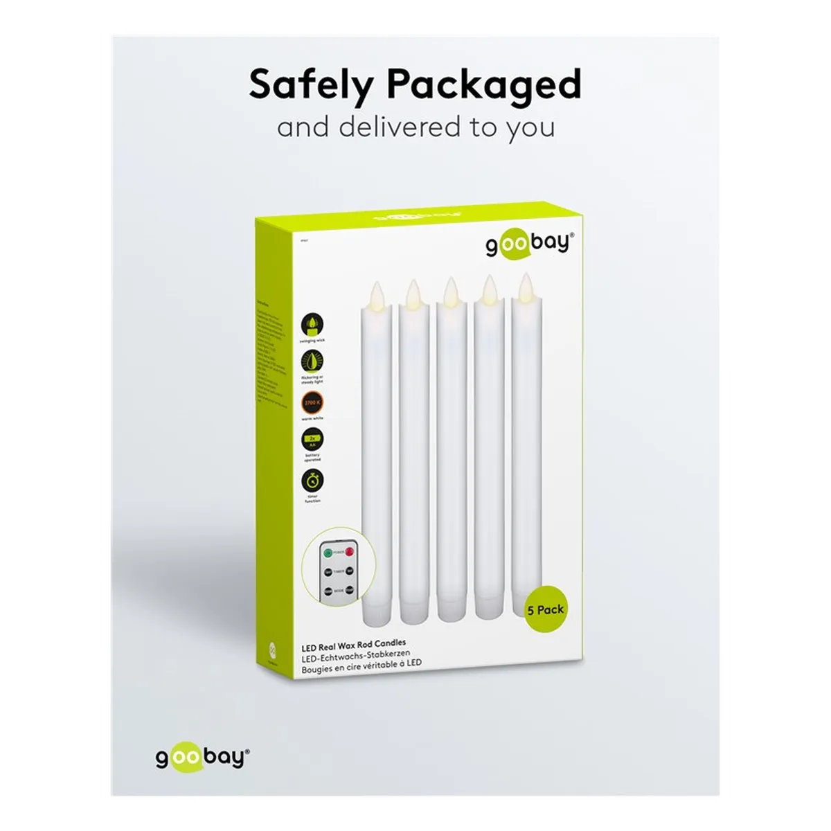 Goobay 5er-Set weiße LED-Echtwachs-Stabkerzen, inkl. Fernbedienung