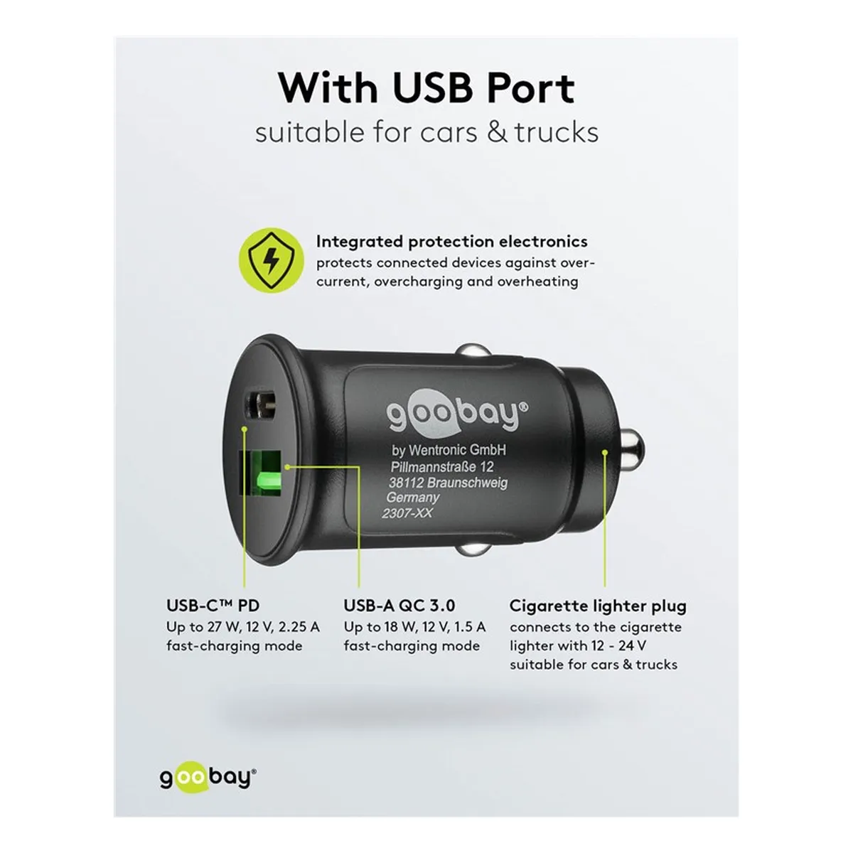 Goobay Dual-USB Auto Schnellladegerät USB-C™ PD (Power Delivery)