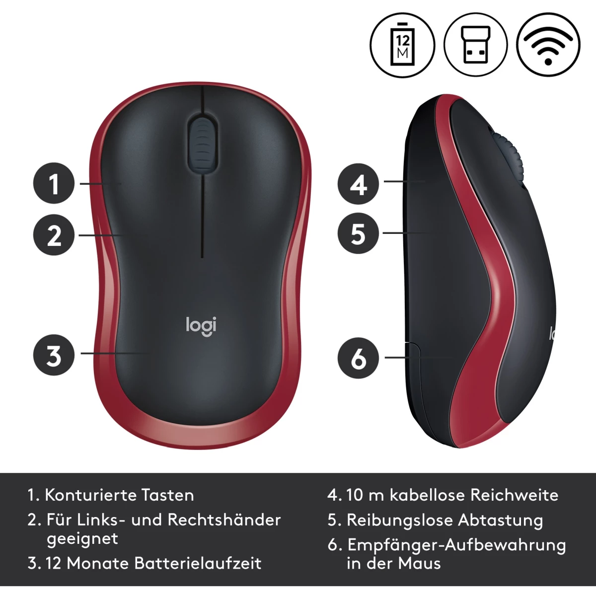 Logitech kabellose Maus M185 rot 2.4 GHz