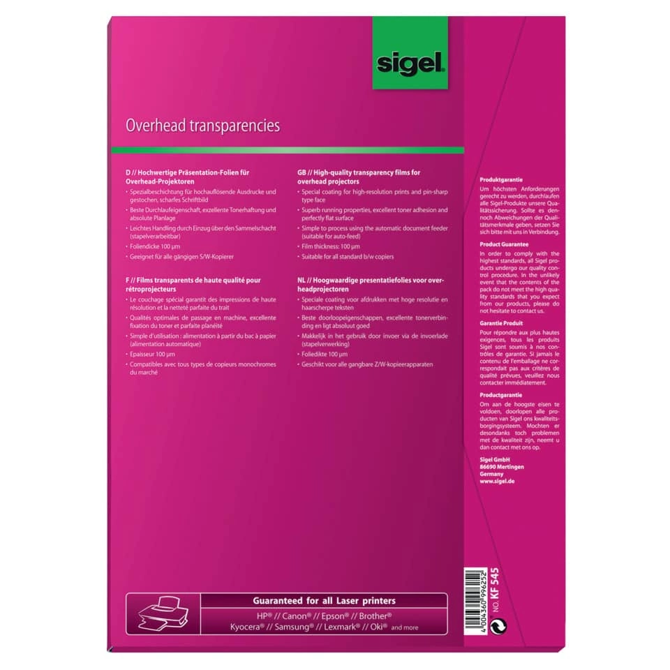 SIGEL Overhead-Folien für S/W-Kopierer, stapelverarbeitbar, transparent, 100 mym, A4, 100 Folien