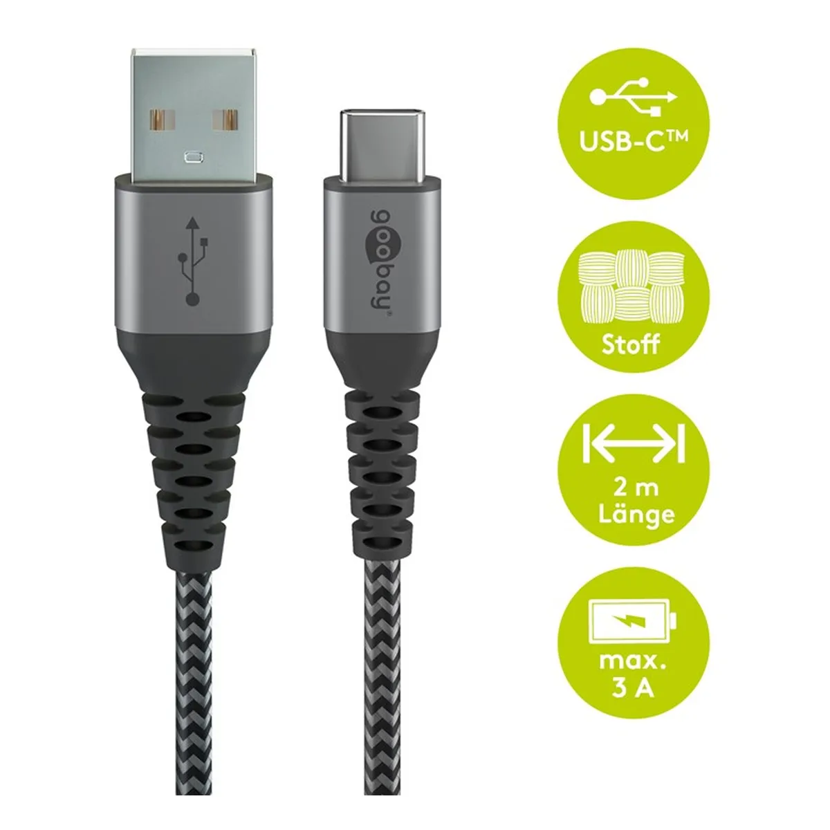 Goobay USB-C™ auf USB-A Textilkabel mit Metallsteckern (space grau/silber) 2 m