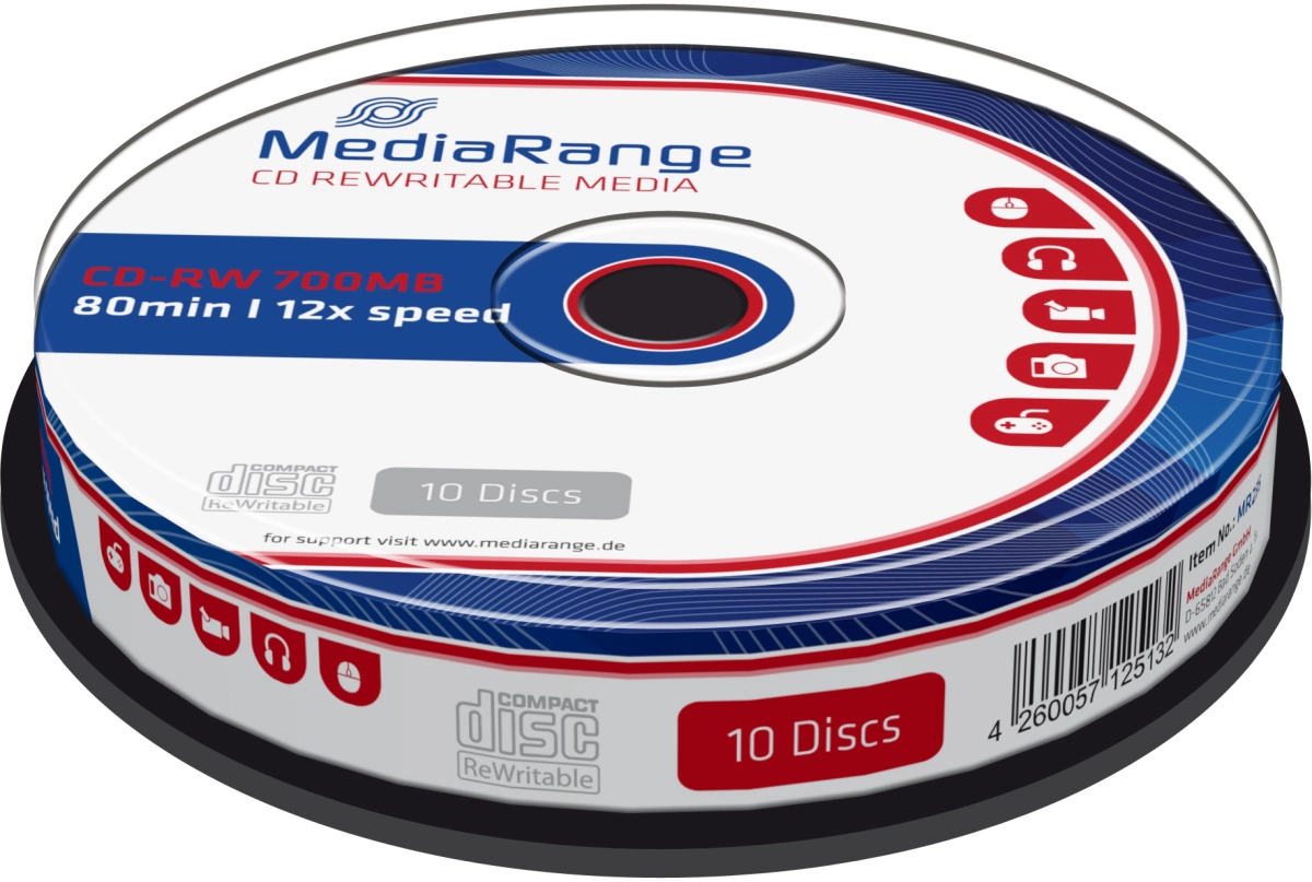 MediaRange CD-RW Rewritables - 700MB/80Min, 12-fach/Spindel, Packung mit 10 Stück