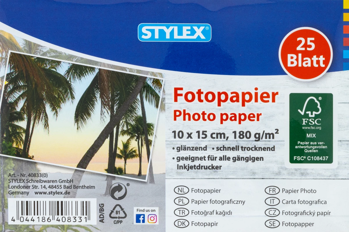 Stylex Fotopapier, 10 x 15 cm, 180 g, 25 Blatt, FSC