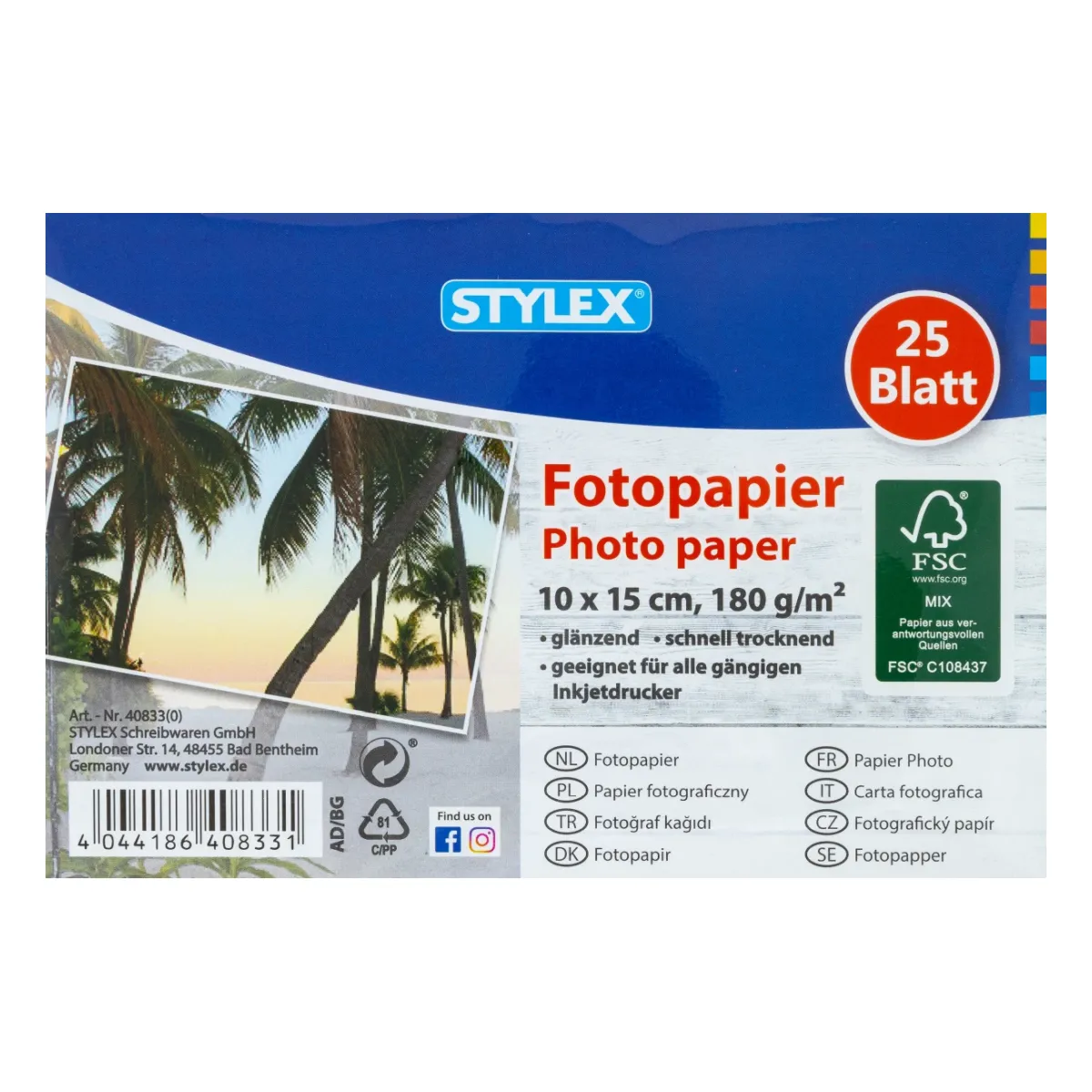 Stylex Fotopapier, 10 x 15 cm, 180 g, 25 Blatt, FSC