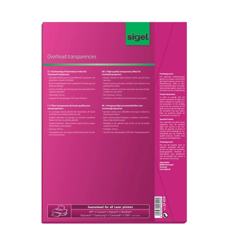 SIGEL Overhead-Folien für S/W-Laser/-Kopierer, transparent, 100 mym, A4, 100 Blatt