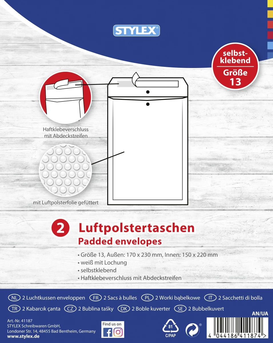 Luftpolstertaschen, Gr.13, haftklebend, 2 Stück