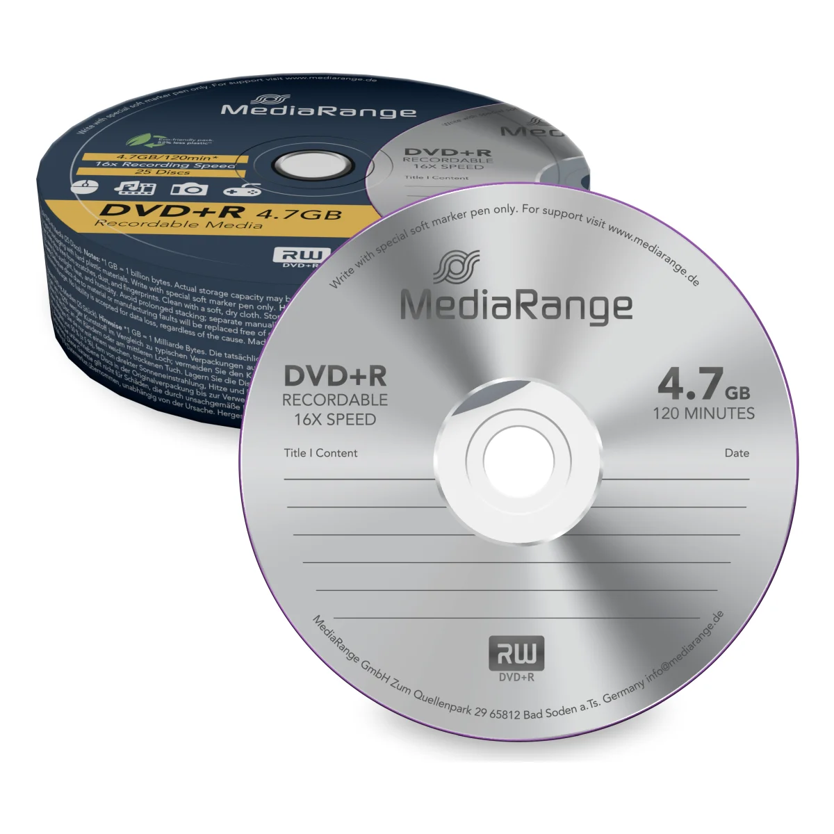 MediaRange DVD+R - 4.7GB/120Min, 16-fach/Spindel, Packung mit 25 Stück