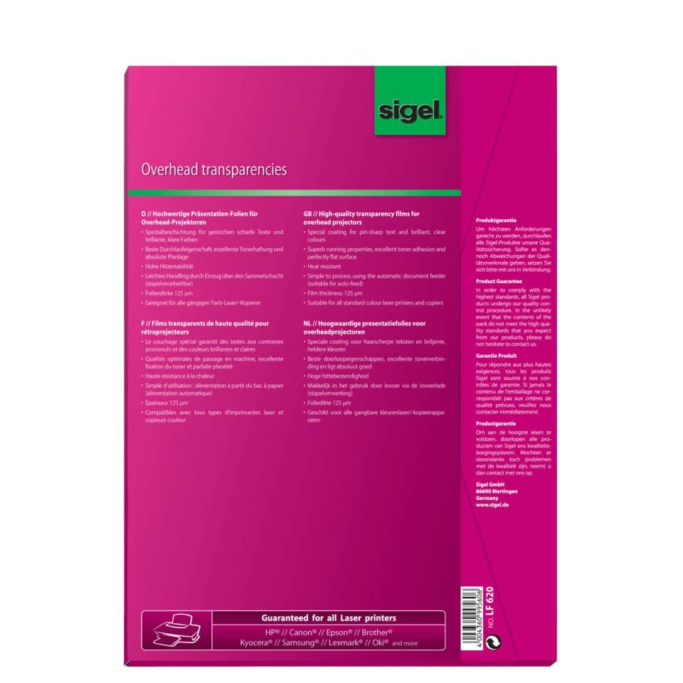 SIGEL Overhead-Folien für Farb-Laser/-Kopierer, transparent, 125 mym, A4, 50 Blatt