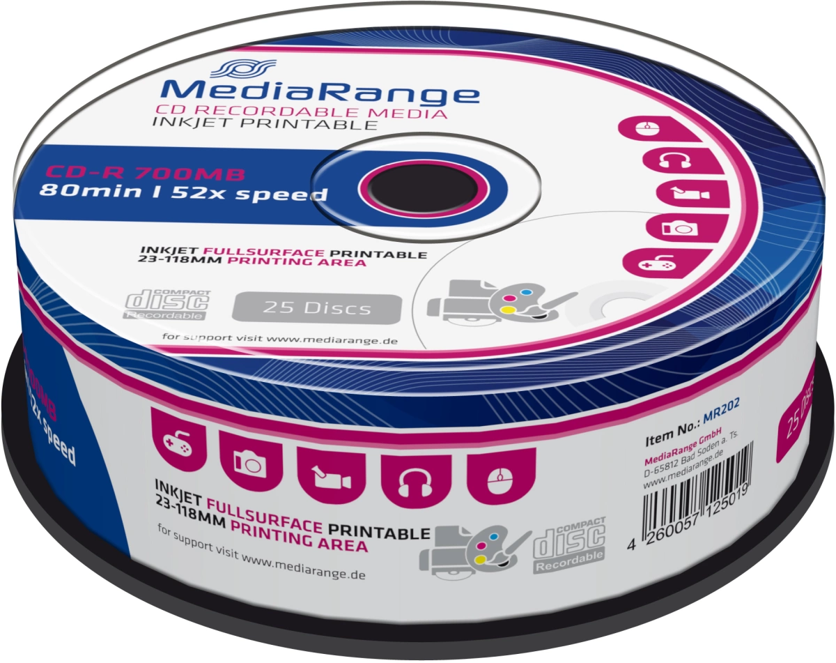 MediaRange CD-R Rohlinge - 700MB/80Min, 52-fach/Spindel,bedruckbar, Packung mit 25 Stück