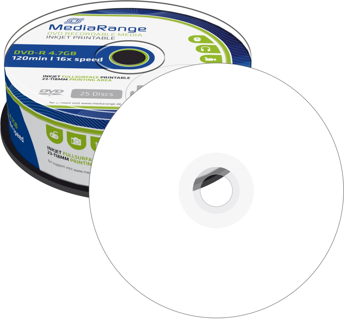 MediaRange DVD-R - 4.7GB/120Min, 16-fach/Spindel, bedruckbar, Packung mit 25 Stück