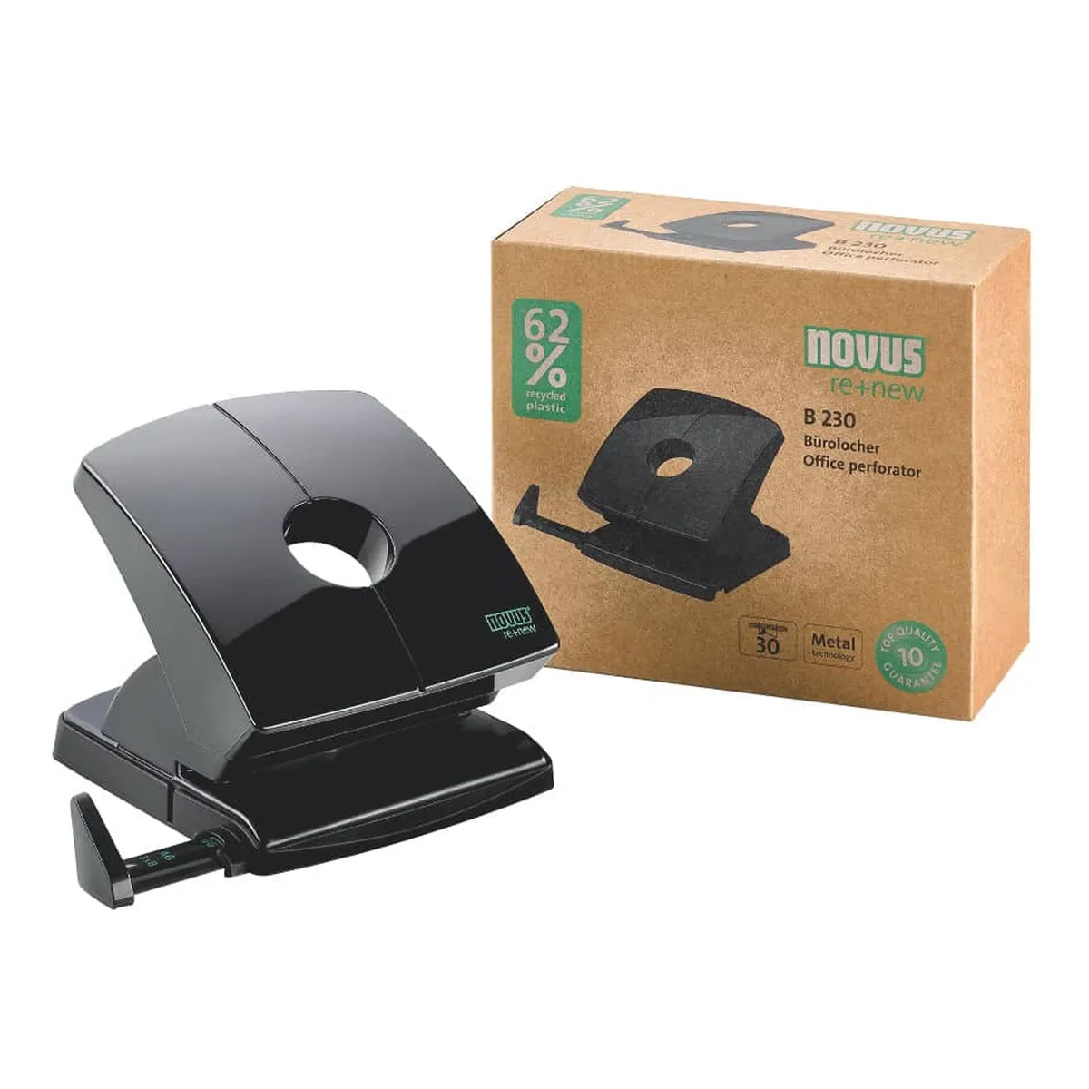 Novus Locher B230 re+new - 30 Blatt, 4-fach Lochung möglich, Anschlagschiene, schwarz