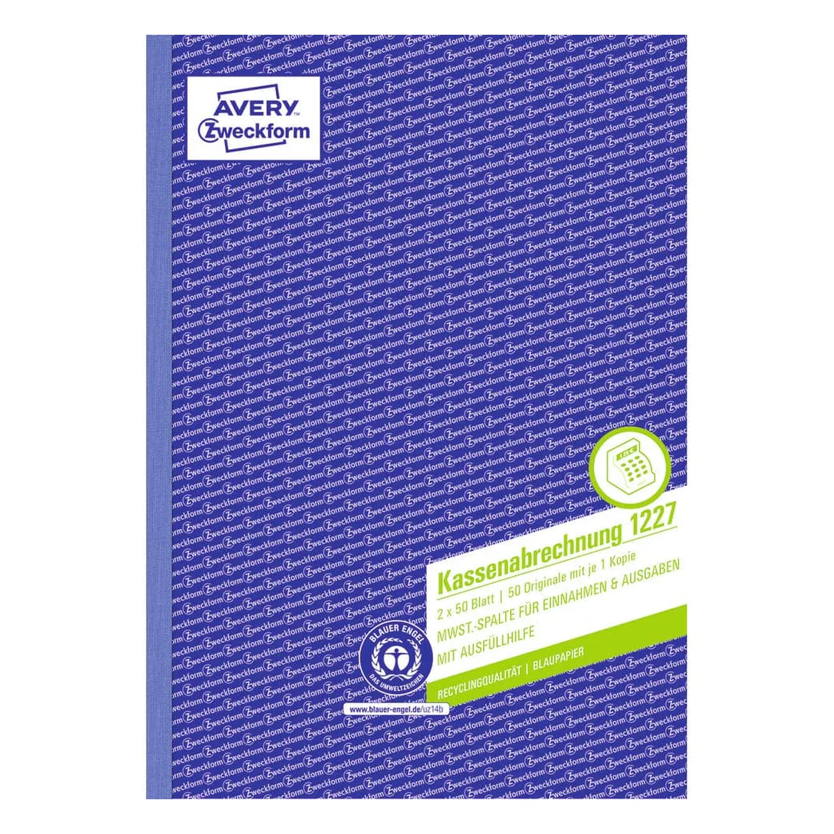 AVERY ZWECKFORM Kassenabrechnung - MwSt.-Spalte, A4, Recycling, Blaupapier, 2x 50 Blatt