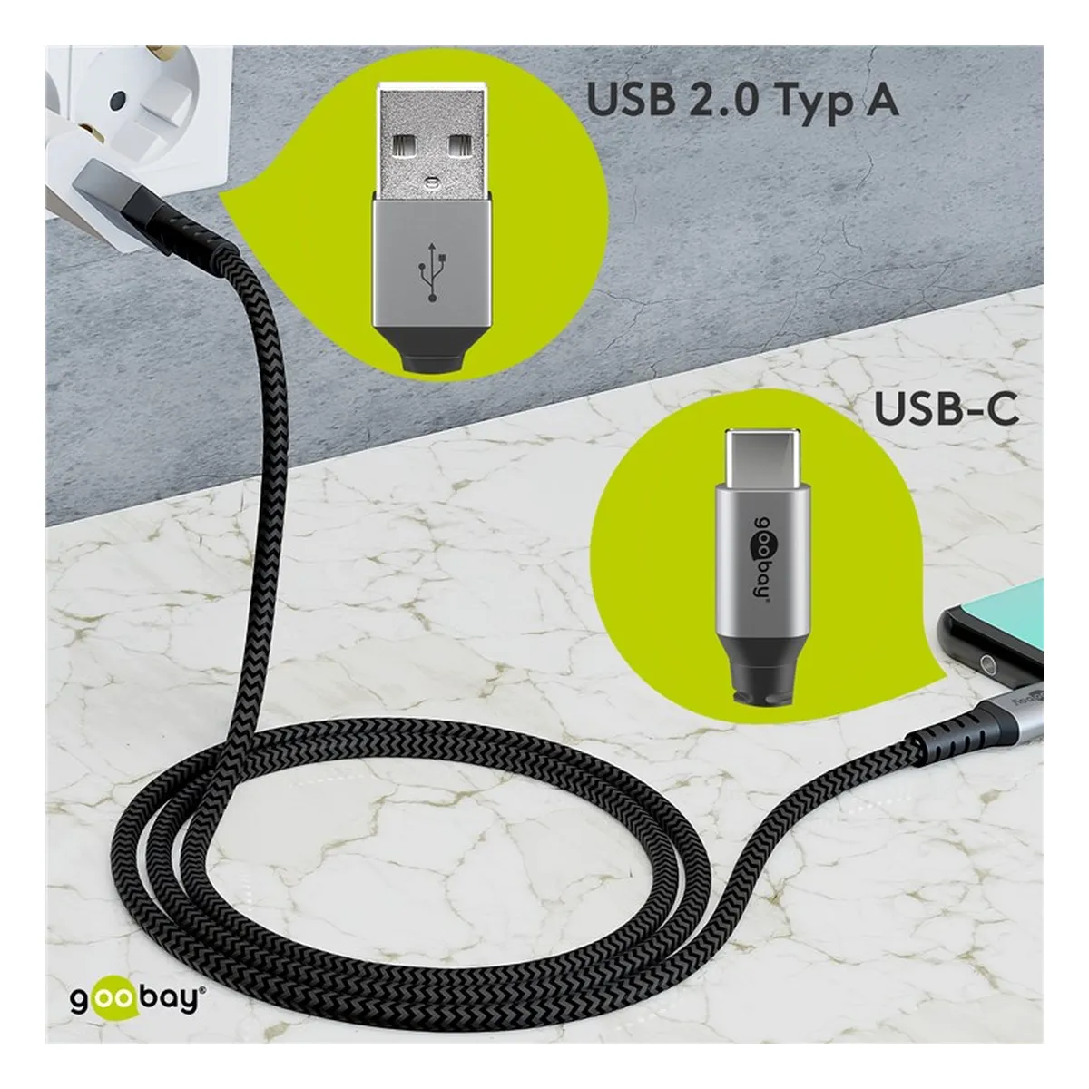 Goobay USB-C™ auf USB-A Textilkabel mit Metallsteckern (space grau/silber) 0,5 m