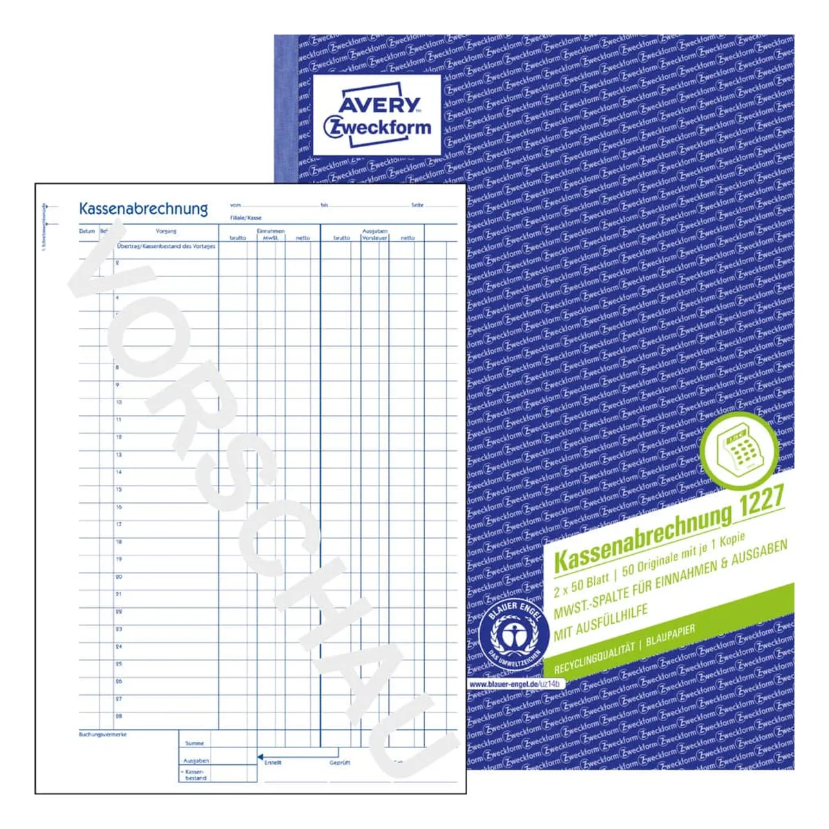 AVERY ZWECKFORM Kassenabrechnung - MwSt.-Spalte, A4, Recycling, Blaupapier, 2x 50 Blatt