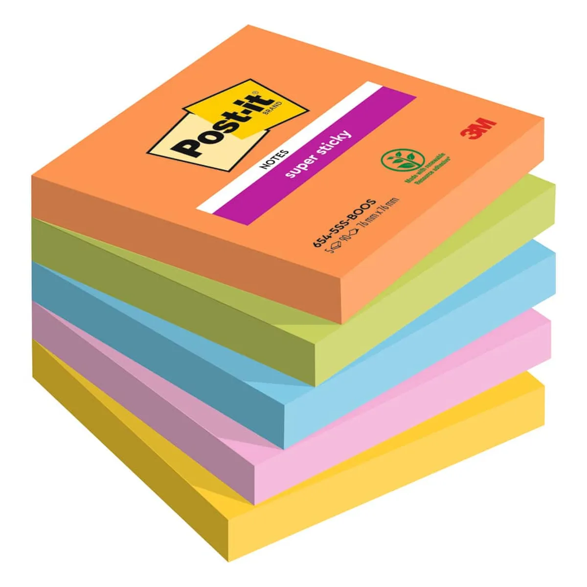 POST-IT Haftnotizblock Boost - 76 x 76 mm, 5x 90 Blatt, sortiert