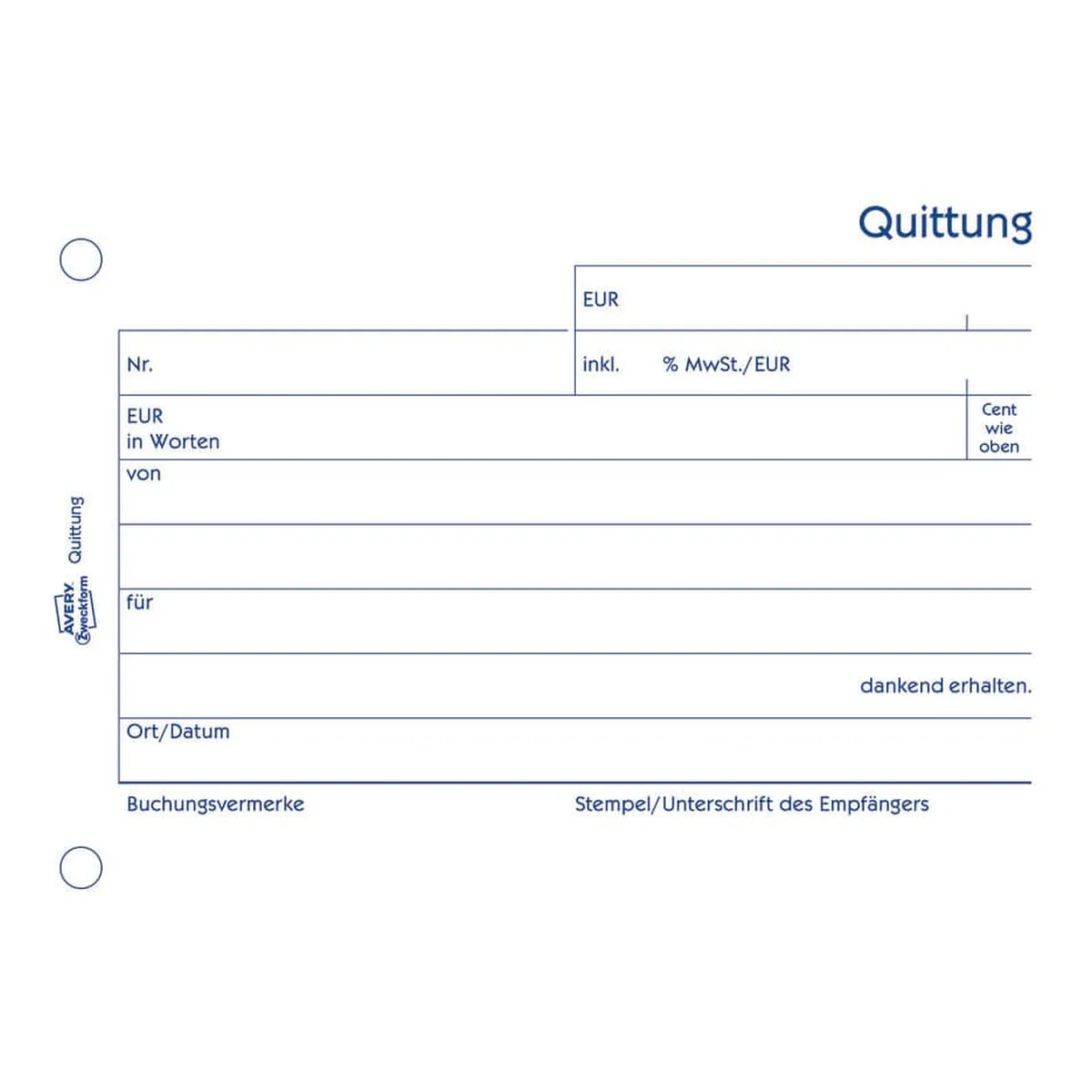 AVERY ZWECKFORM Quittung inkl. MwSt. Recycling - A6 quer, MP, BL, 2x 50 Blatt