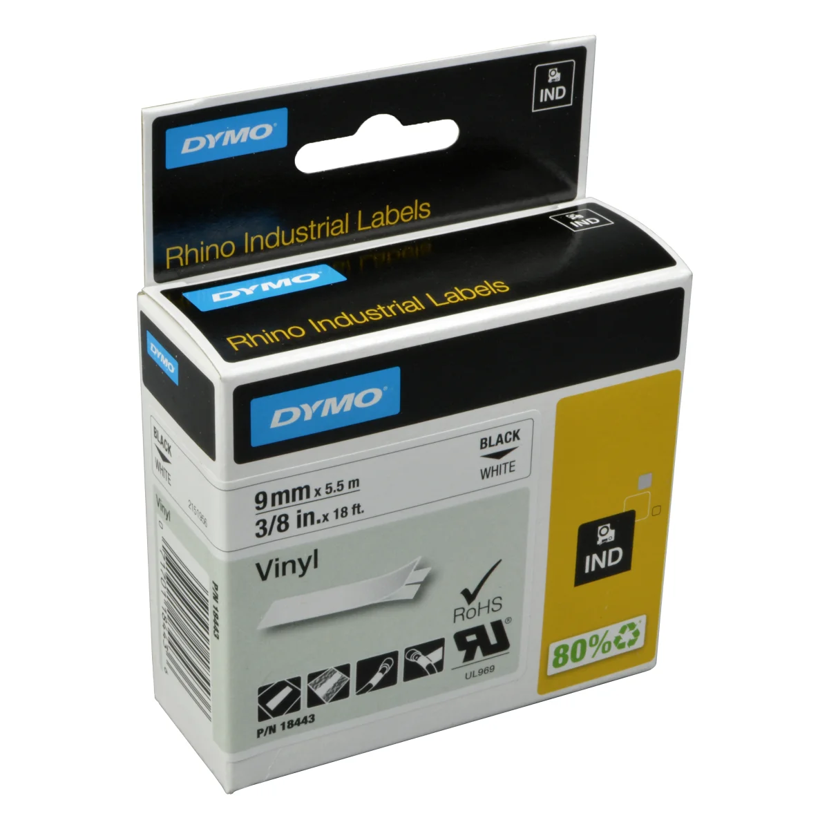 Dymo Label Band IND 18443 (S0718580) schwarz auf weiß 9mm x 5,5m Vinyl
