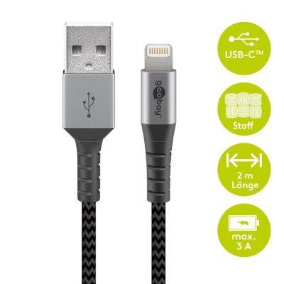 Lightning auf USB-A Textilkabel mit Metallsteckern (space grau/silber) 2 m
