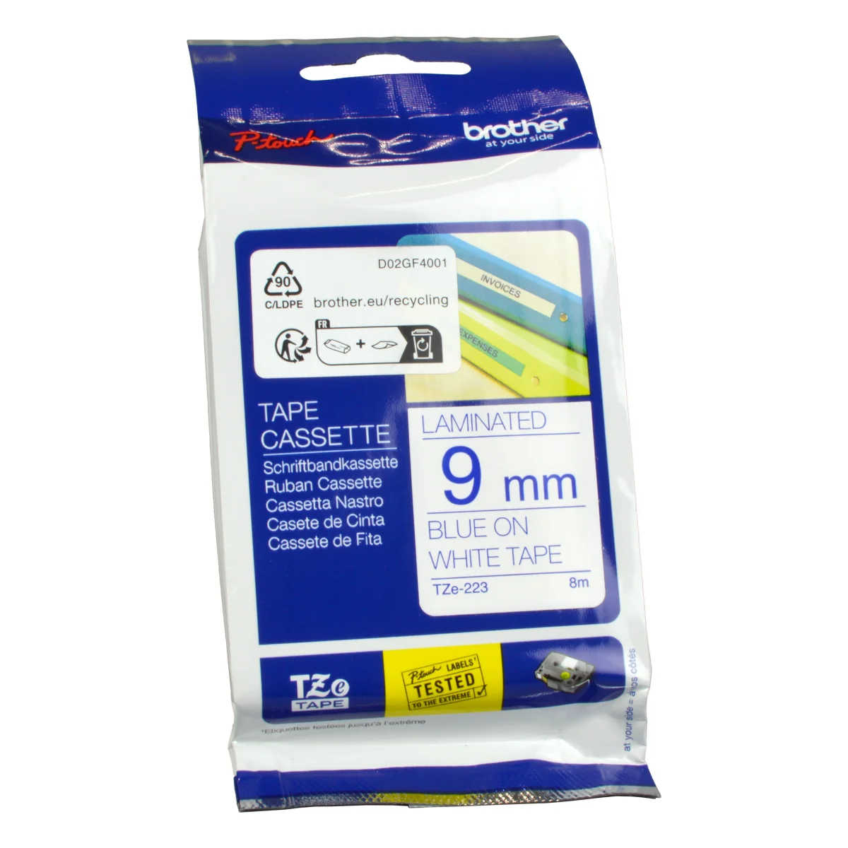 Brother P-Touch Band TZe-223  blau auf weiß  9mm / 8m  laminiert