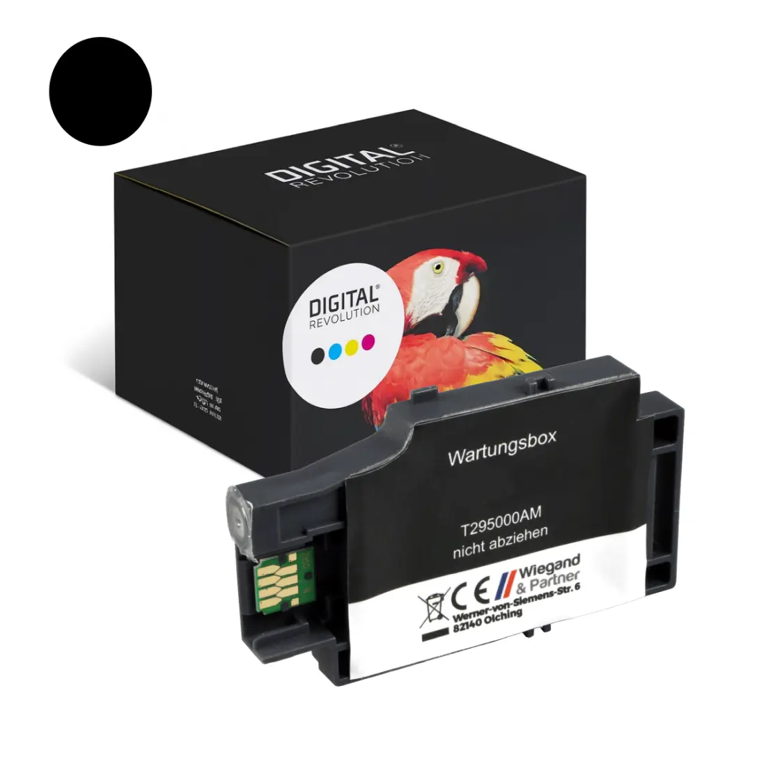 Digital Revolution alternative Wartungseinheit Epson C13T295000 (T2950), vor schwarzer Verpackung mit Papagei auf weißem Hintergrund