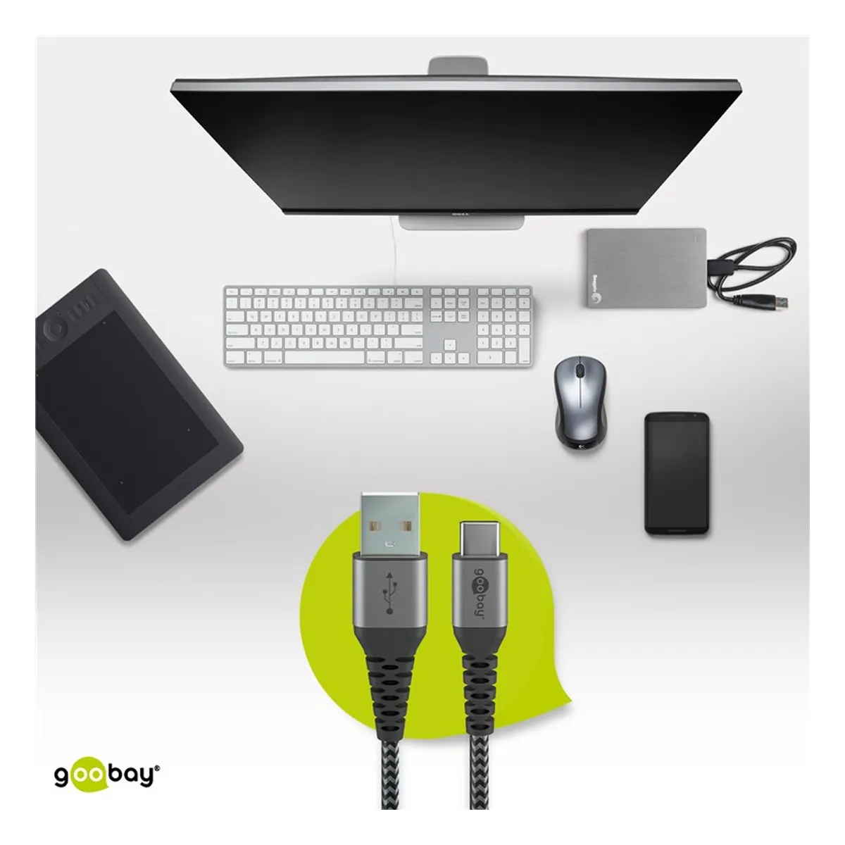 Goobay USB-C™ auf USB-A Textilkabel mit Metallsteckern (space grau/silber) 0,5 m