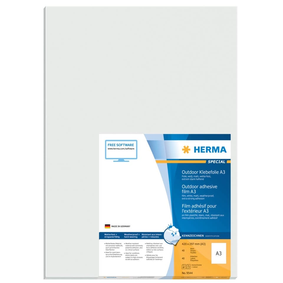 HERMA Folienetiketten - 420 x 297 mm, A3, weiß, strapazierfähig, extrem stark haftend, matt, 40 Stück