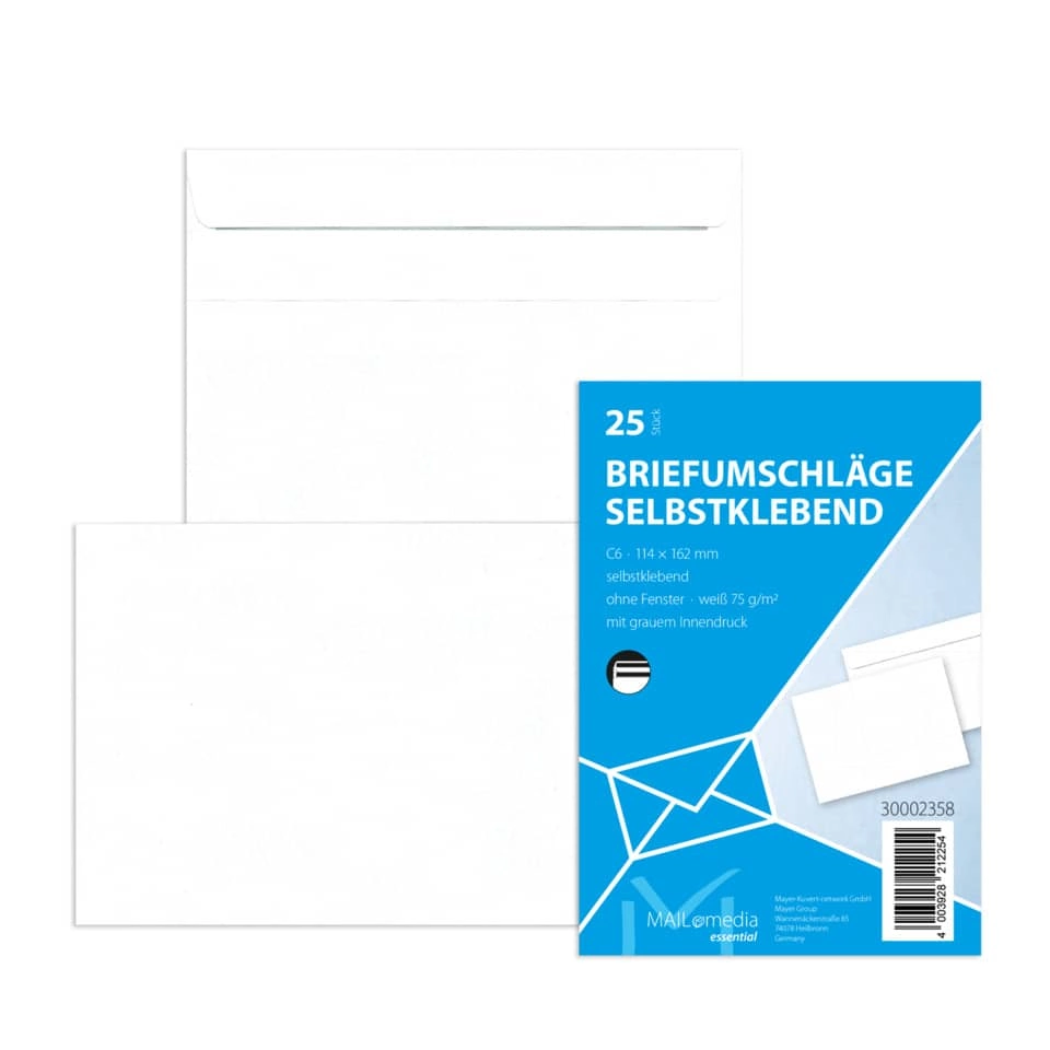 mayer-network Briefumschläge C6 (162x114 mm), ohne Fenster, selbstklebend, 72 g/qm, 25 Stück