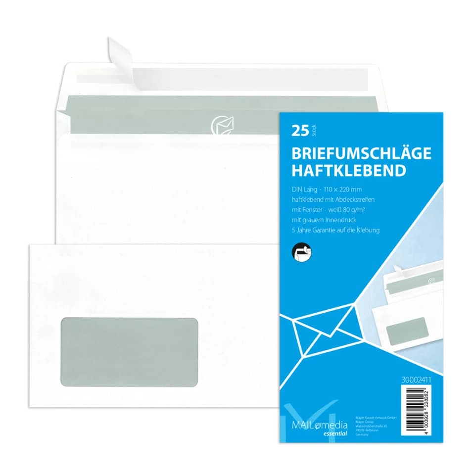 Briefumschläge DIN lang (220x110 mm), mit Fenster, haftklebend, 80 g/qm, 25 Stück