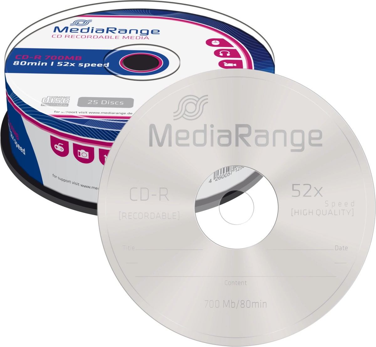 MediaRange CD-R Rohlinge - 700MB/80Min, 52-fach/Spindel, Packung mit 25 Stück