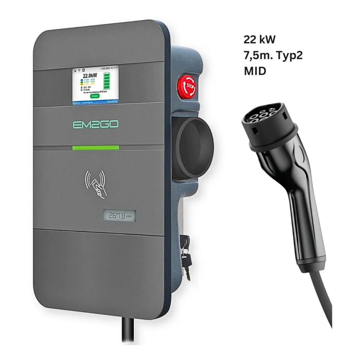 EM2GO AC Wallbox Pro Power 22kW 7.5m Typ 2 Kabel