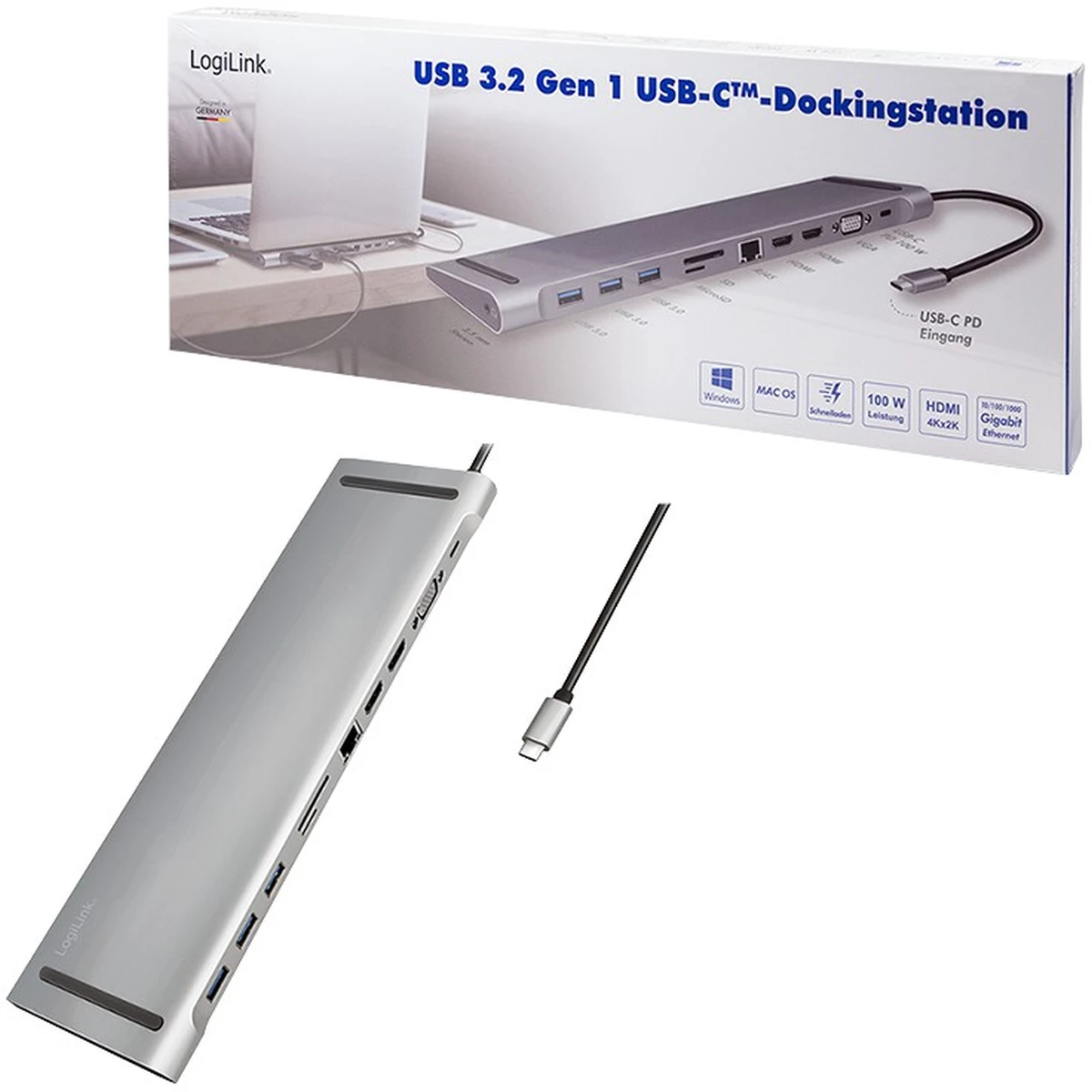 LogiLink Dockingstation USB-C Eigang 11Port 3xUSB3.2 USB-C 2xHDMI VGA AUX RJ45 Silver
