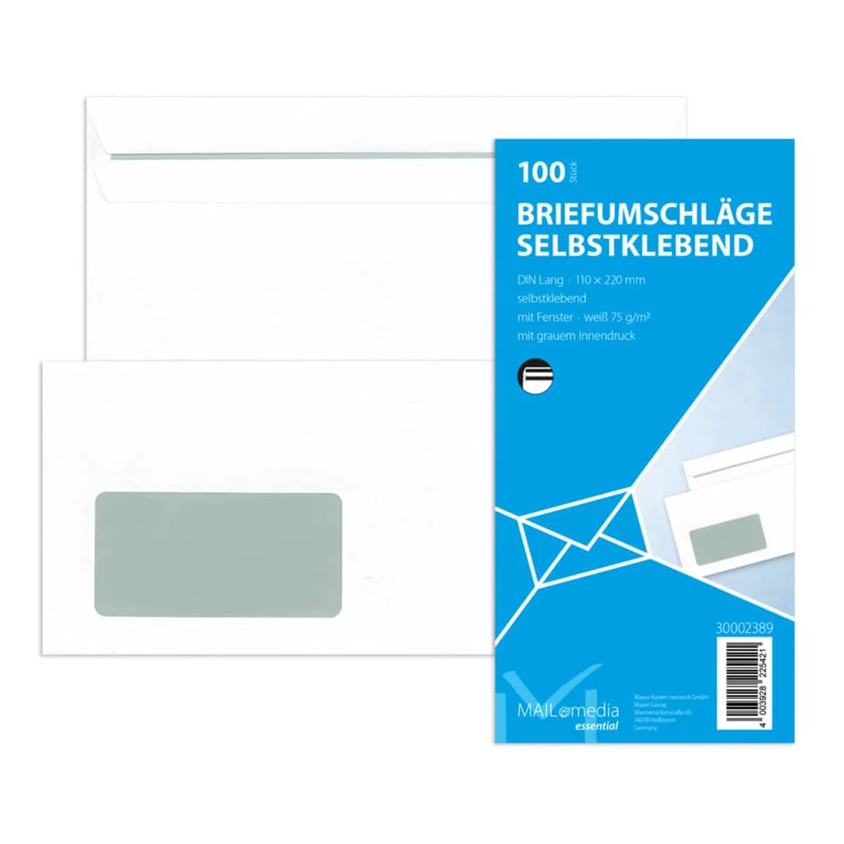 mayer-network Briefumschläge DIN lang (220x110 mm), mit Fenster, selbstklebend, 72 g/qm, 100 Stück