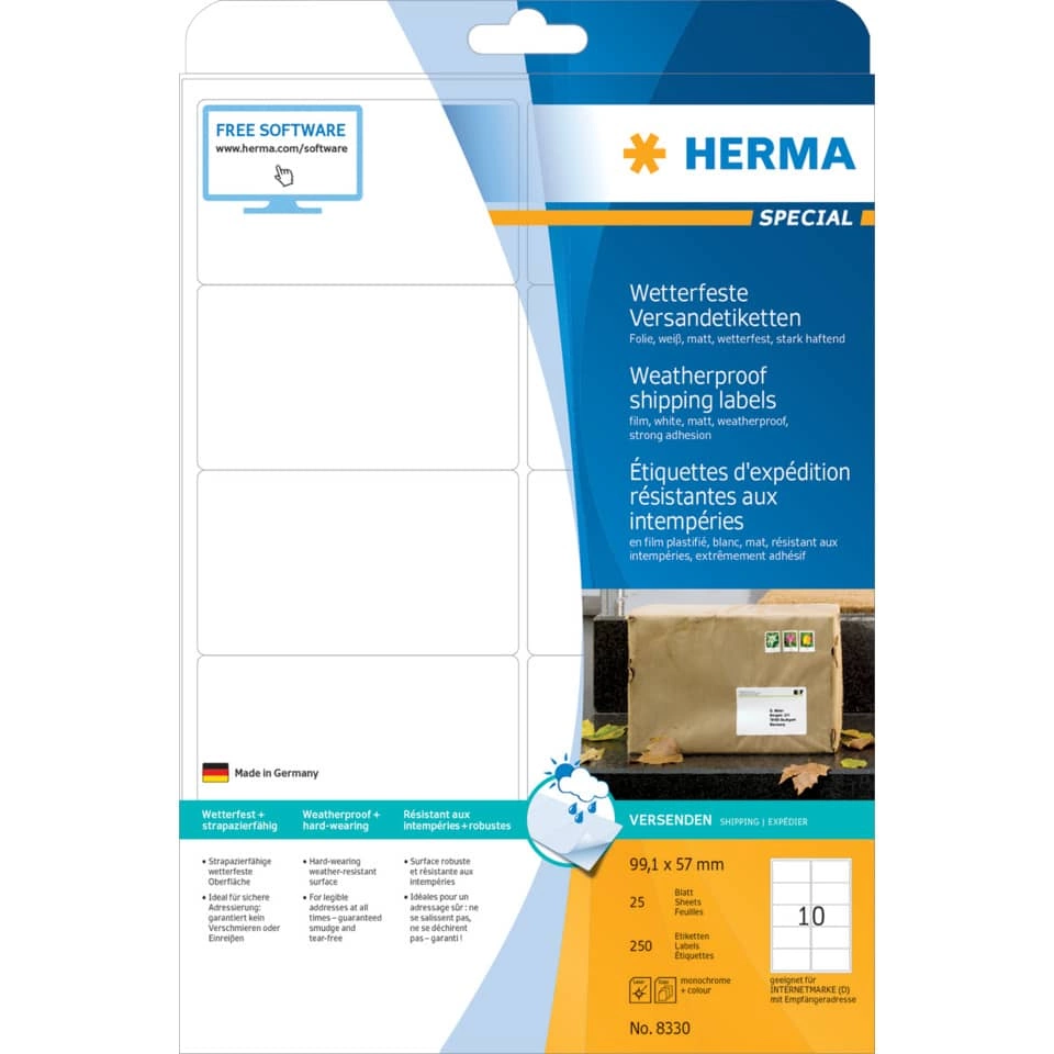 HERMA Folienetiketten - 99,1 x 57,0 mm, weiß, extrem stark haftend, matt, Rand, 250 Stück