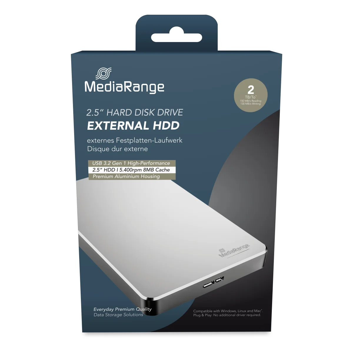MediaRange externe USB 3.0 Festplatte, HDD, 2TB, silber
