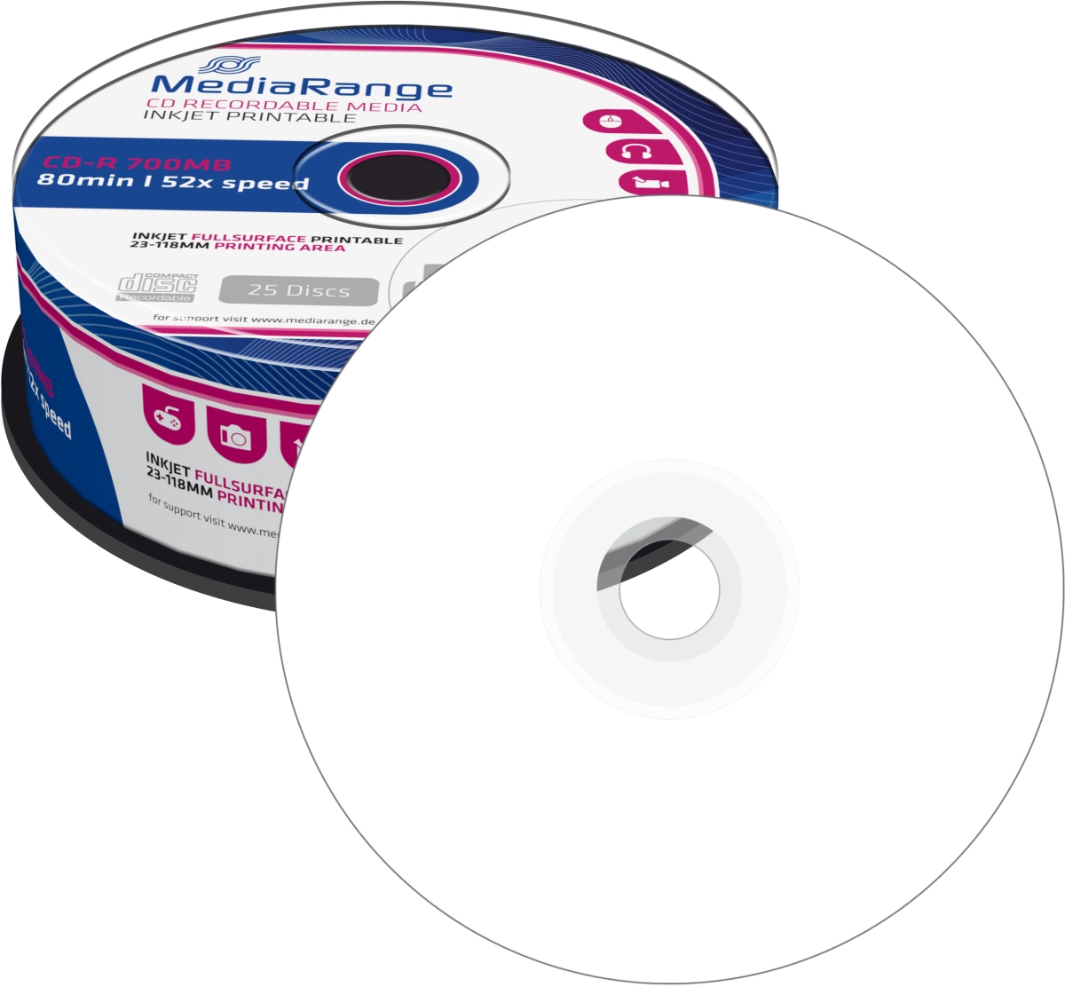 MediaRange CD-R Rohlinge - 700MB/80Min, 52-fach/Spindel,bedruckbar, Packung mit 25 Stück