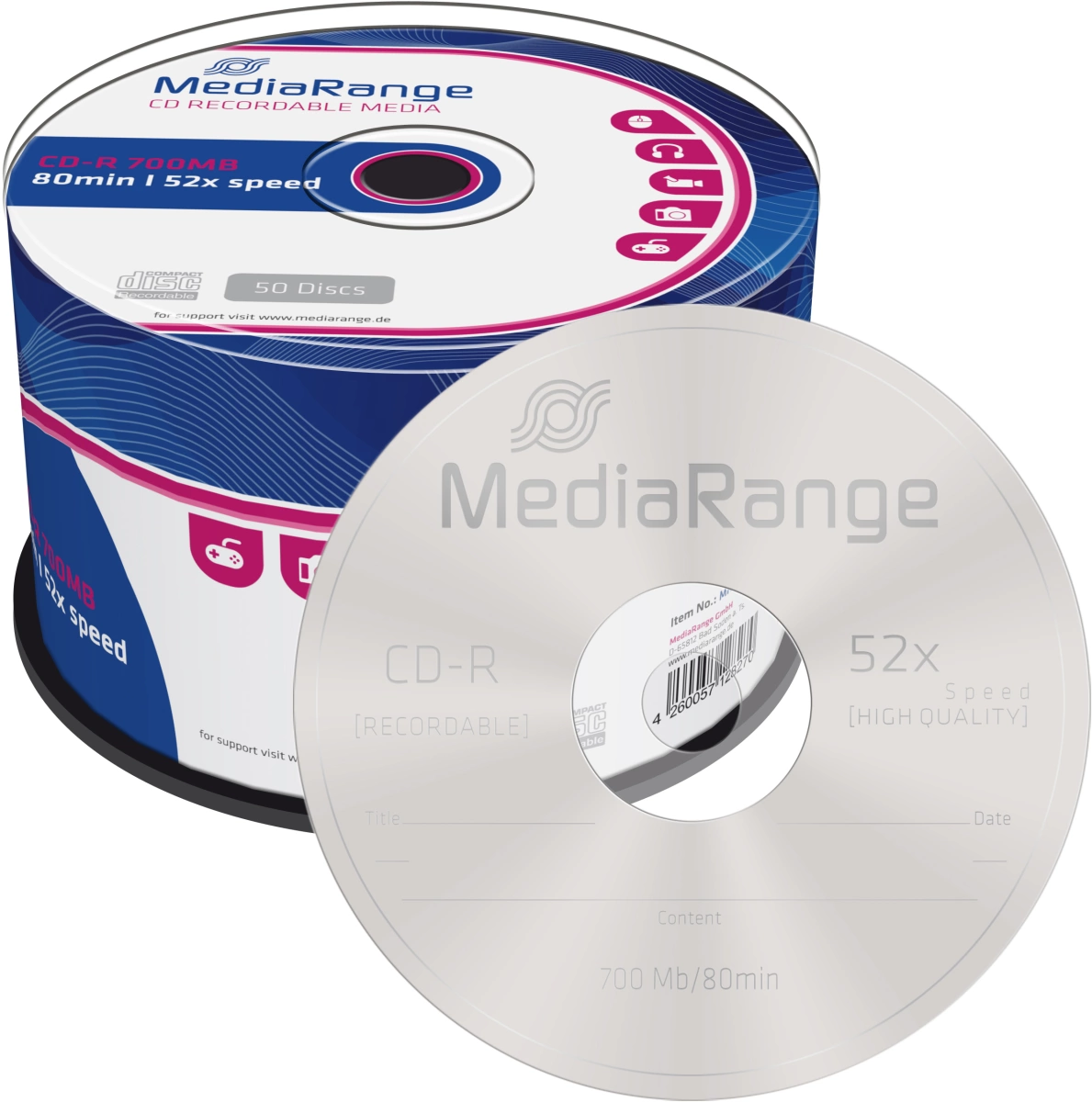 MediaRange CD-R Rohlinge - 700MB/80Min, 52-fach/Spindel, Packung mit 50 Stück
