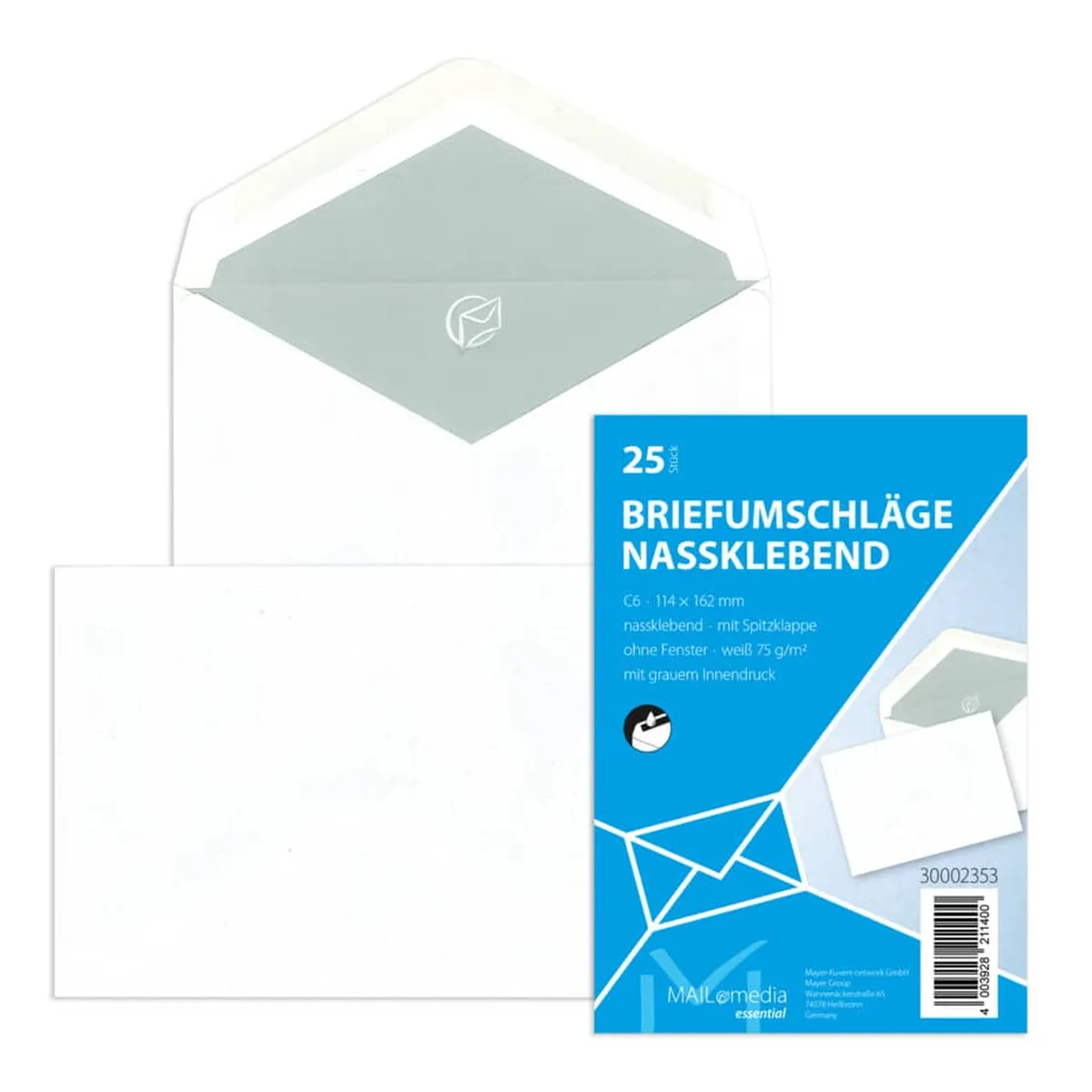 mayer-network Briefumschläge C6 (162x114 mm), ohne Fenster, gummiert, 72 g/qm, 25 Stück